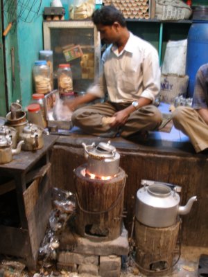 Tea stall with charcoal burner