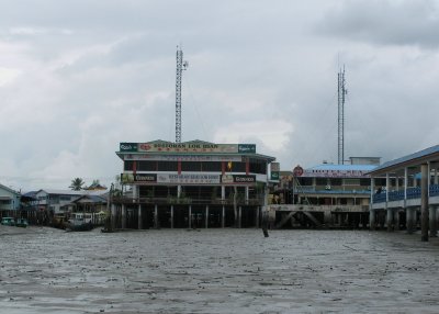 Restaurant and hotel across mud flats, Pulau Ketam