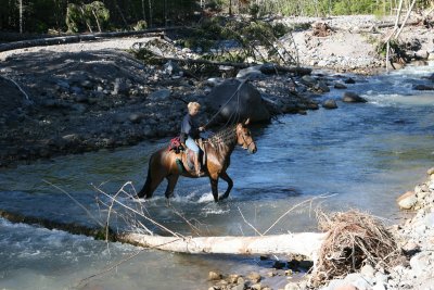 Terry crossing the upper Sandy river