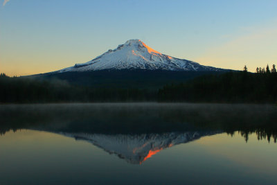 First blush of sun on Mt. Hood in Oregon State from Trillium Lake