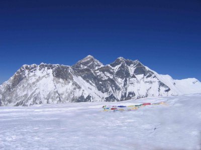 Everest and Lhotse from summit with prayer flags, 16 november