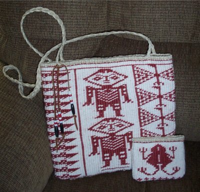 Twined Wasco Bag and Coin Purse. Both are traditional Wasco Wishram designs. Sent to Moccasin Flats Trading Post.