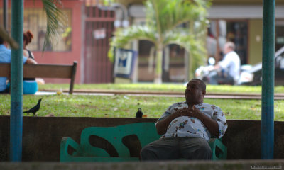 On a bench, in a park