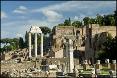 Wide view of Forum with the Temple of Castor and Pollux (three Corinthian Columns)