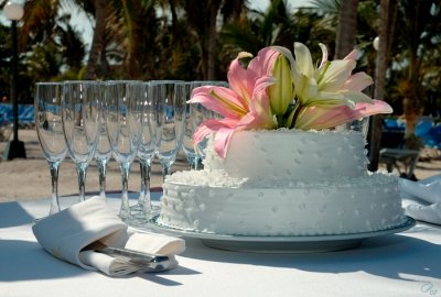 Wedding Cake & Glasses, Palm Backdrop