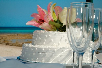 Wedding Cake & Glasses, Sea Backdrop