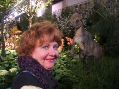 Kathy at the show with no flash and extra dinosaurs!