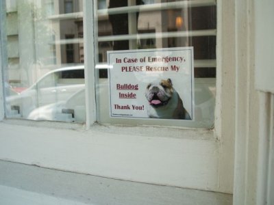 Down the street, a sign to save their dogs in case of a fire!