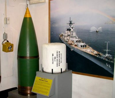 USS New Jersey museum display of 16-inch shell and powder bag