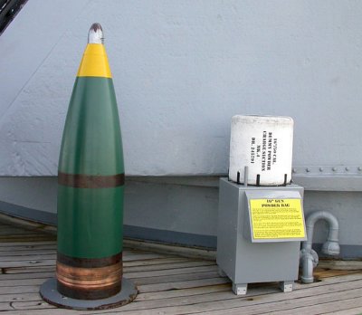 USS New Jersey topside display of 16-inch shell and powder bag