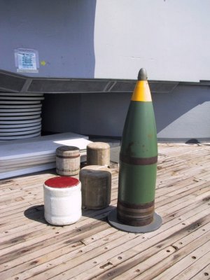 USS New Jersey topside display of 16-inch shell and powder bags