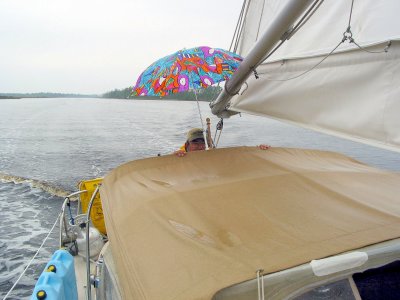 short height, short length bimini over dodger . . . with custom add-on