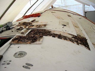 strbd coach roof during re-fit, wet core damage