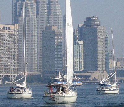 motoring out of RCYC with city skyline to the north