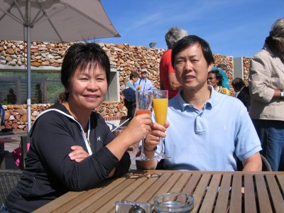 Enjoying a drink on the outside deck with an ocean view.  We can get used to this!