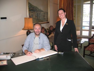 Sir Patrick enjoying time at the Cape Grace Hotel with his staff.