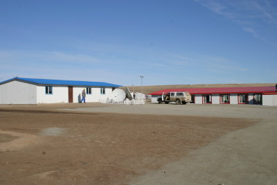 Recreation hall (blue roof) and cafeteria (red roof)