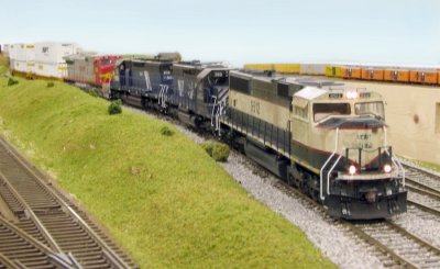 Two MRL SD40s are mixed in with the BN & Santa Fe power.