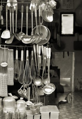 Kitchen utensils, a womans feet and a cat-bw