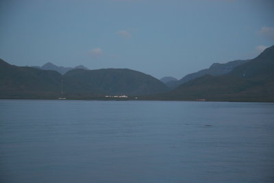 Our first look at Attu at daybreak-note the Coast Guard station.