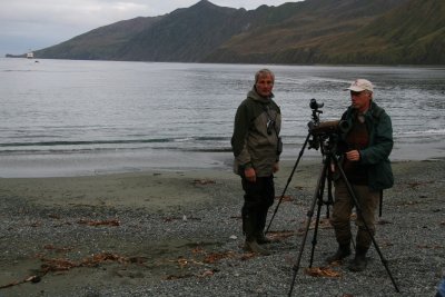 Pete Dunne and Victor Emanuel on shore at Etienne Bay