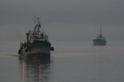 Russian ships in the early morning fog