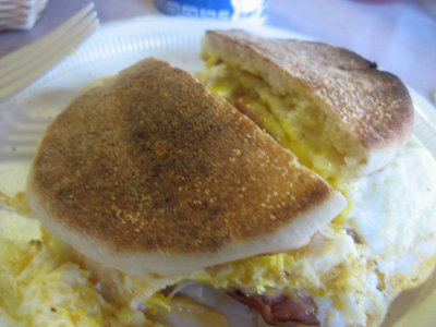 fried egg, cheese, canadian bacon on an english muffin