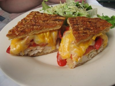 filomena's cafe chicken ,cheese and roasted pepper panini