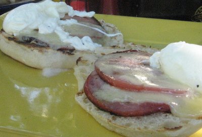 poached eggs with canadian bacon and  havarti on an english muffin