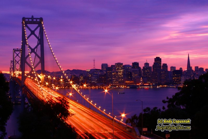 Bay Bridge and downtown San Francisco at night from Treasure Island