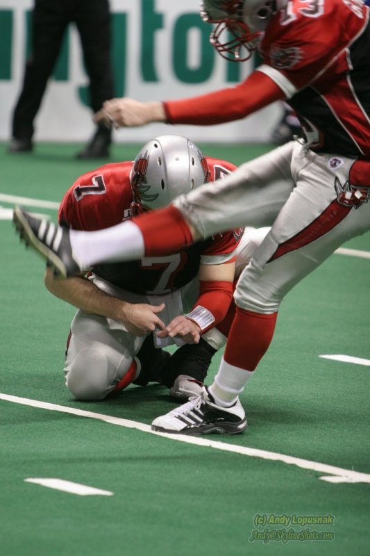 Grand Rapids Rampage kicker Brian Gowins and holder Matthew Sauk