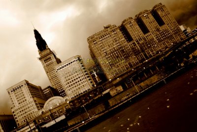 Downtown Cleveland, Ohio at dusk in sepia