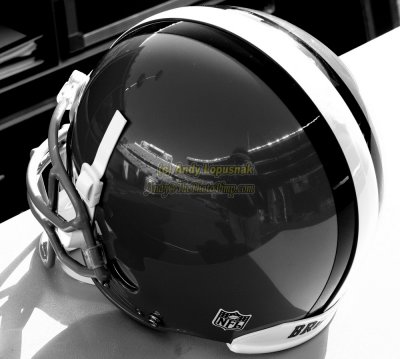 Charlie Frye's helmet with a reflection of Cleveland Browns Stadium & Me