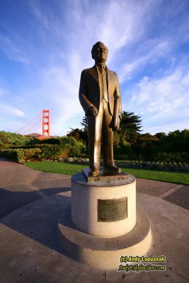 Golden Gate Bridge and statue of Joseph B. Strauss