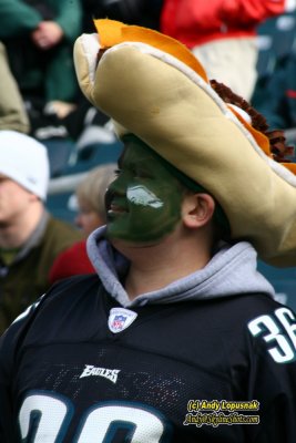 Eagles fan with a Philly Cheese Steak hat on
