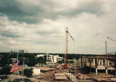 Construction of Raymond James Stadium with downtown Tampa in the far background