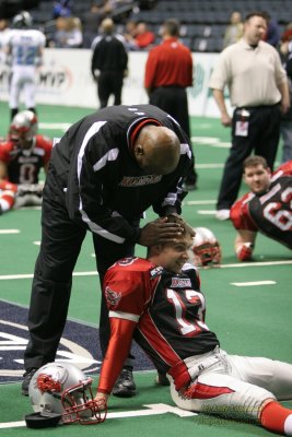 Grand Rapids Rampage kicker Brian Gowins and offensive coordinator Michael Baker