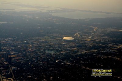 Aerial of Tropicana Field and downtown St. Petersburg