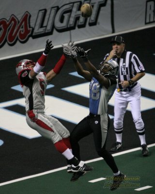 Grand Rapids Rampage WR Timon Marshall and a K.C. Brigade defender going for the ball