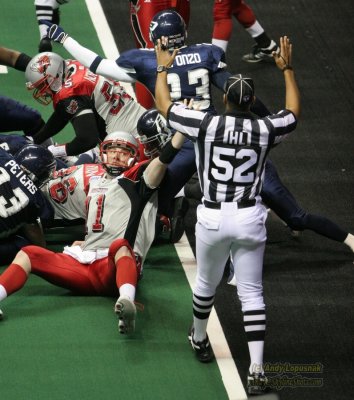 Grand Rapids Rampage QB Chad Salisbury celebrates a Chris Ryan touchdown