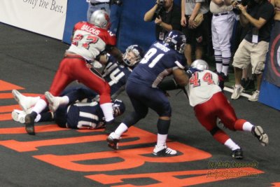 Grand Rapids Rampage LB Johnnie Balous sacks Chicago QB Matt D'Orazio for a safety