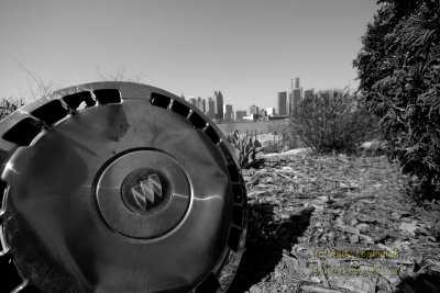 Downtown Detroit as seen from Winsor with a hubcap