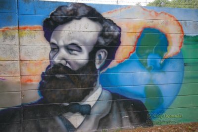 Wall mural of Jules Verne at Ballast Point Pier in Tampa, Florida