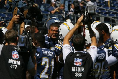 San Diego Chargers linebacker Shawn Merriman get his team charged