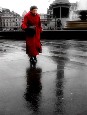 Red coat on a grey day