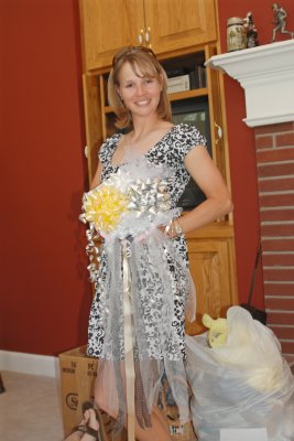 Angie models the ribbon bouquet she made for Laurel