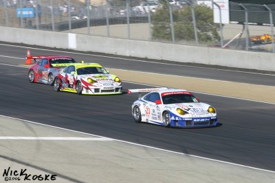 GT2 Porsches braking into T2