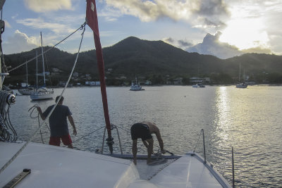 Securing Prairee Cat for the night, Tyrrel Bay, Carriacou