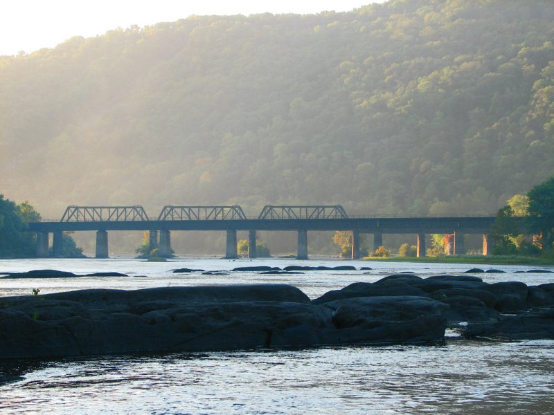 Sunrise behind the bridges at Harpers Ferry