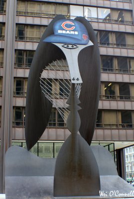 Da Bears' Cap on Picasso sculpture